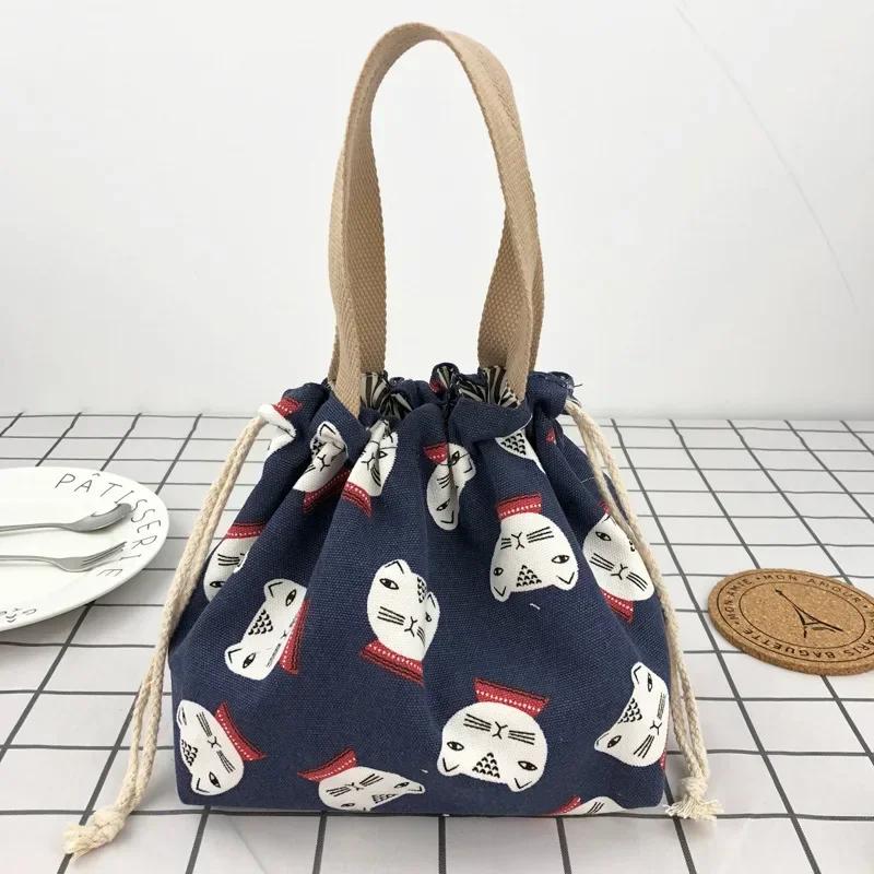 Japanese Cute Bento Bag Tote Handheld Canvas Lunch Bags Cartoon Anime Drawstring Bag Portable Foldable Holds Two Lunch Boxes
