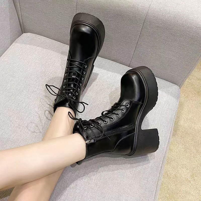 Round head thick heel lace-up Martin boots women's high heel waterproof platform platform platform short boots small retro white soft leather boots