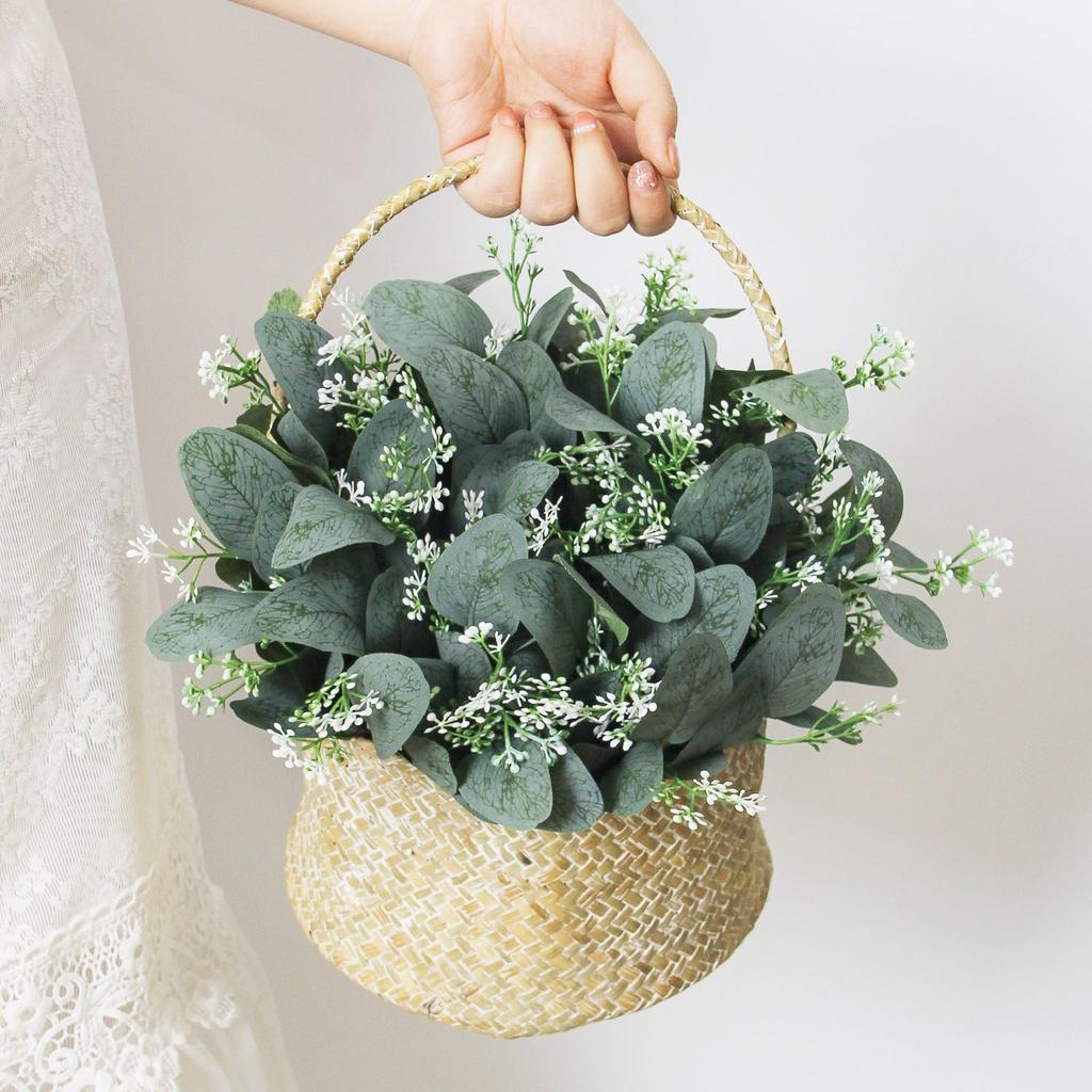 Artificial Eucalyptus Stems with White Flowers, Fake Greenery Branches for Home Wedding Floral Arrangement Decor