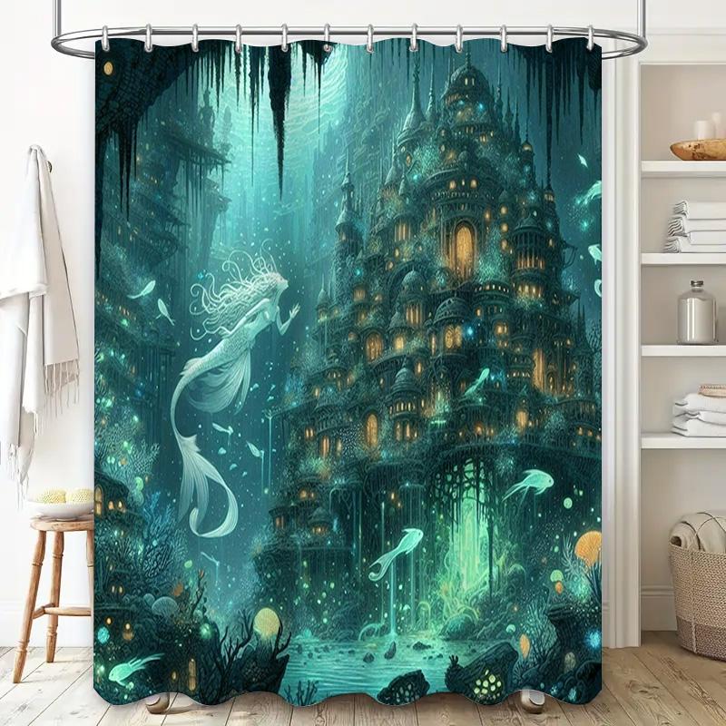 Enchanted Mermaid Bath Curtain Blue Fairy Tale Castle Shower Curtain for Bathroom Decor Waterproof Fabric 72 X 84 Inches