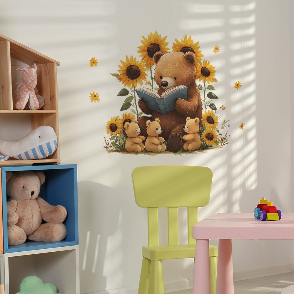 Cartoon Parent-child Bear Sunflower Bedroom Living Room Home Wall Background Beautification Decoration Wall Stickers