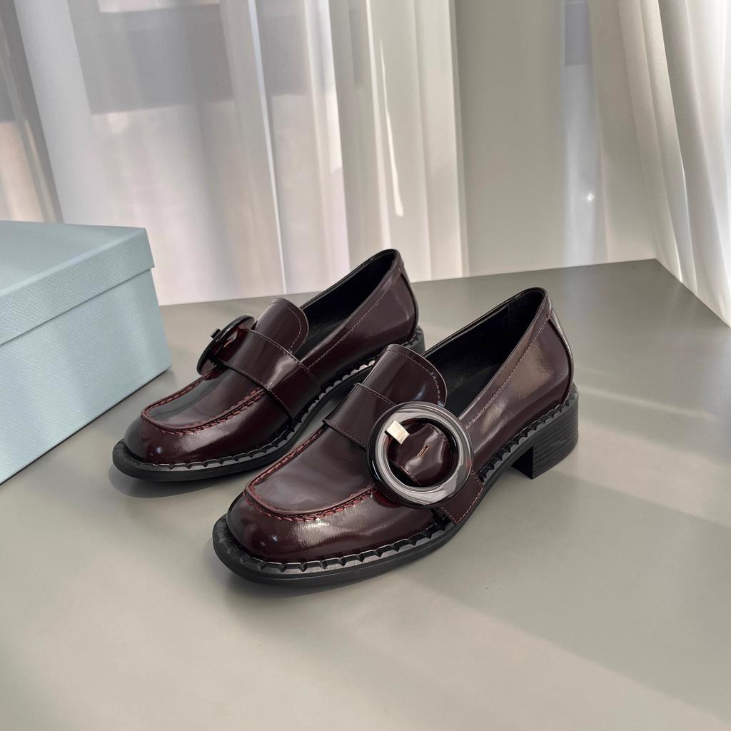 Platform British style belt buckle loafers round head lazy one pedal thick heel small leather shoes single shoes