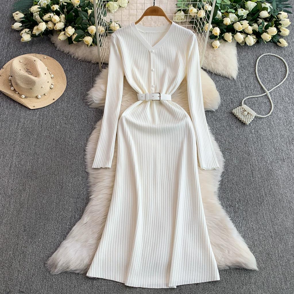 Autumn Winter Women Elegant V-neck Pearl Button Knitted Sweater White Office Work Slim Bodycon Sheath Dresses