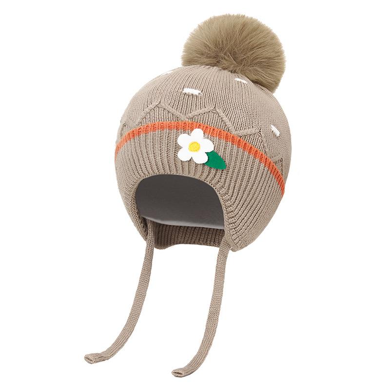 Bonnet en laine résistant au froid pour enfants, automne hiver, fille, épais et chaud, protection des oreilles, fleur, boule de cheveux, bonnet tricoté