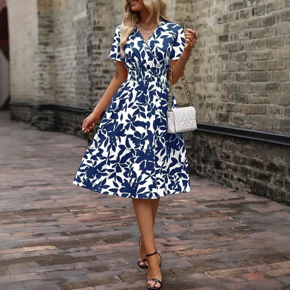 2026 spring and summer short-sleeved V-neck leaf print big swing skirt waist dress fairy skirt