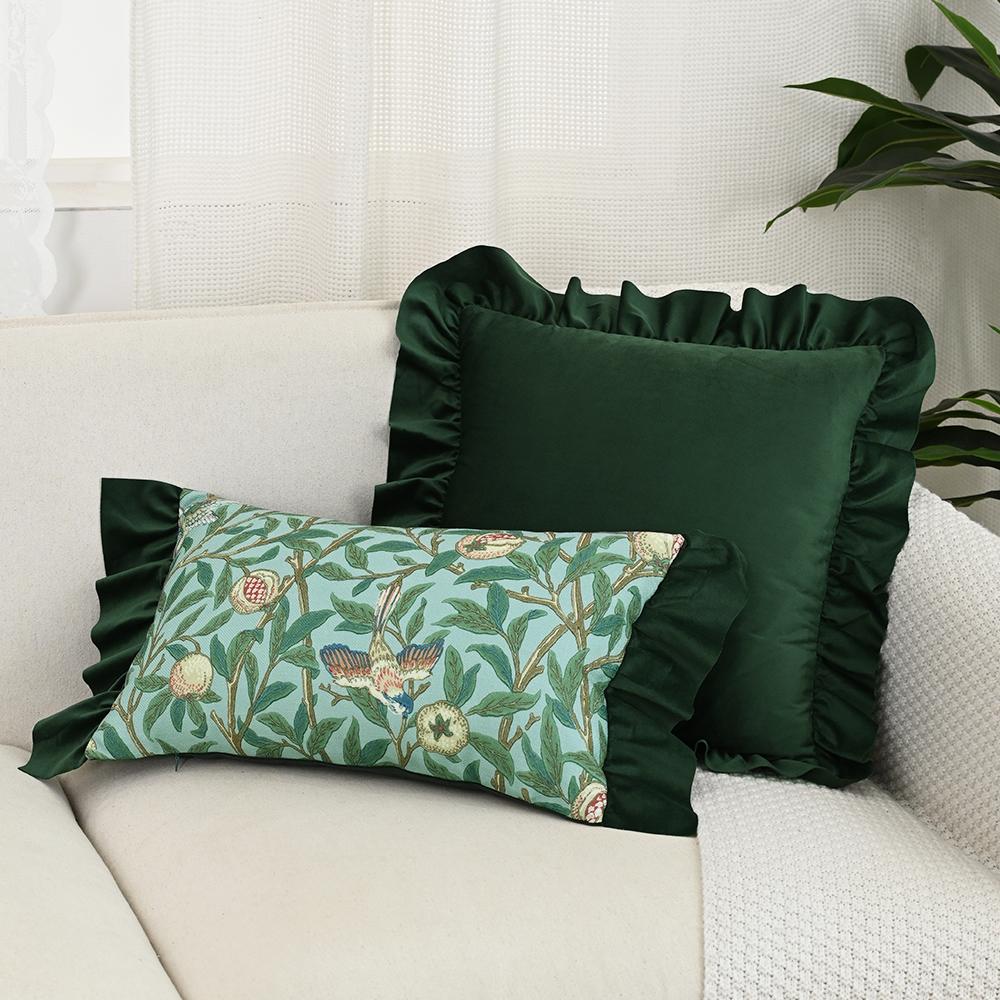 BUYNOW GreenBlue Flowers Jacquard Hollandaise Lace Pillowcase Vintage Pastoral Living Room Sofa Cushion Cover Home Bedroom Decor