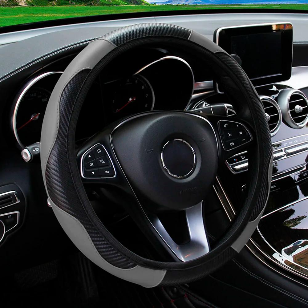 Car Steering Wheel Cover Breathable Anti Slip PU Leather Steering Covers Suitable 38cm Auto Decoration Carbon Fiber