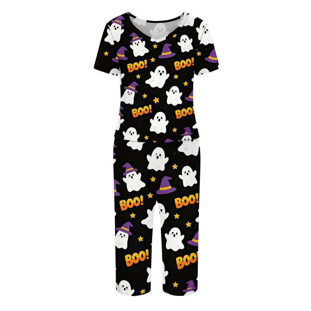 Women Halloween Printed Two Piece Set Short Sleeve Casual Top and Cropped Pants Comfortable Relaxed Fit Outfit