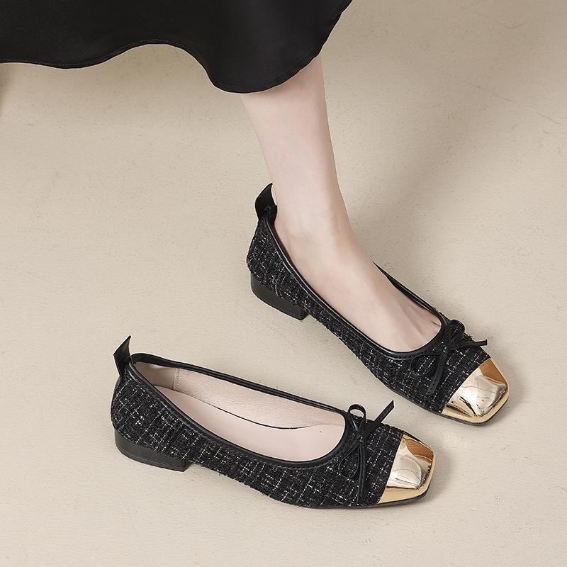 Bow Light Mouth Single Shoes Women's Spring and Summer New Ballet Shoes Soft Sole Metal Square Head Flats