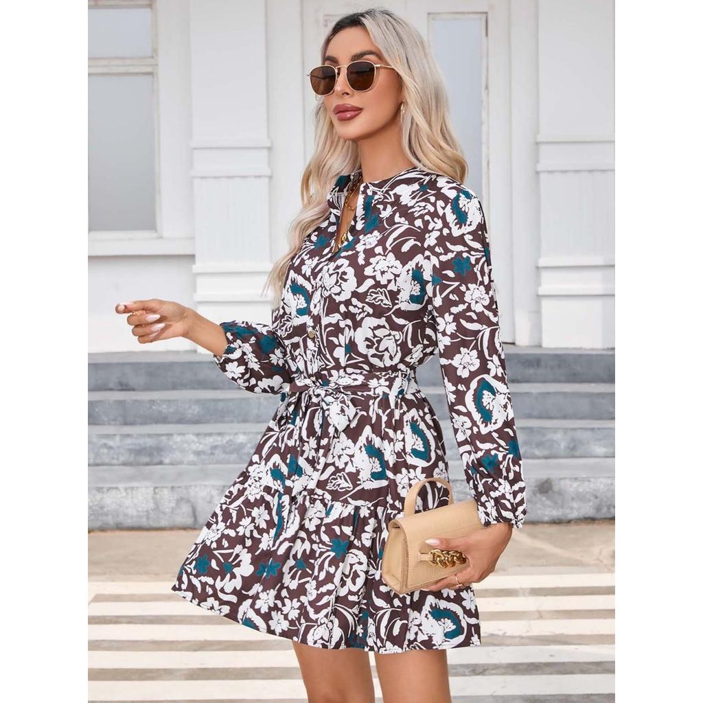 Women's Fall Winter Long Sleeve Printed Button Dress, European & American Style Casual Dress for Crossborder Outwear