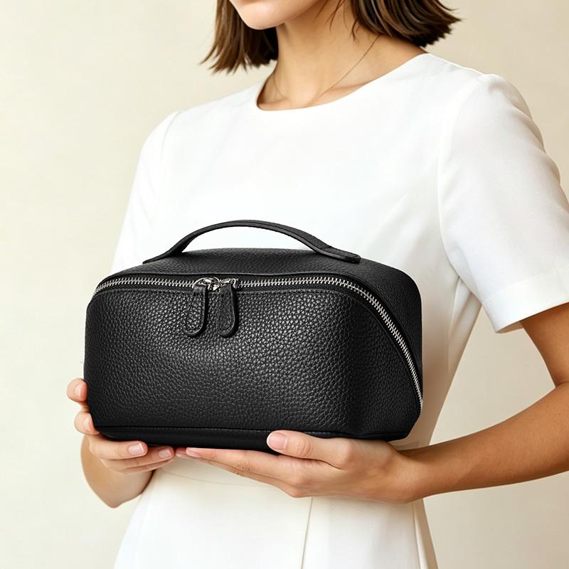Top Grain Cow Leather Makeup Bag, 2 Sizes Litchi Grain Double Zipper Portable Handheld Travel Toiletry Bag Large Capacity Skincare Storage Organizer