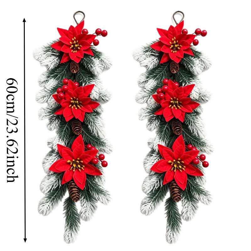 2PCS 60cm Artificial Christmas Hanging Vine Garland Poinsettia Pine Cone Red Berry Teardrop Rattan DIY Xmas Door Wall Decor
