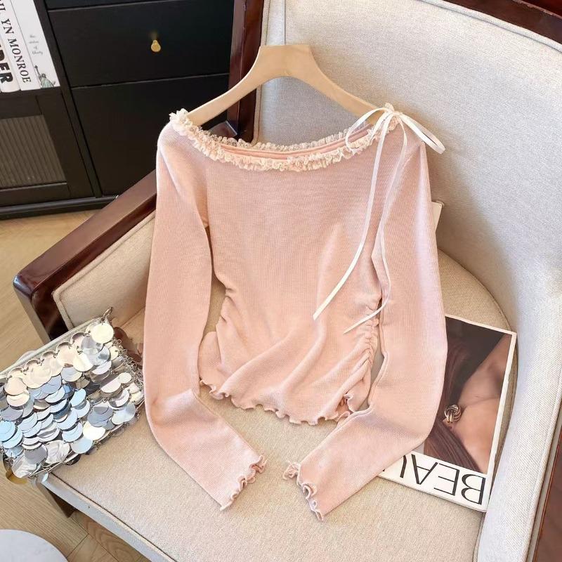 

Irregular slanted shoulder pink lace knitted sweater women s spring new slim-fitting off-the-shoulder top L розовый