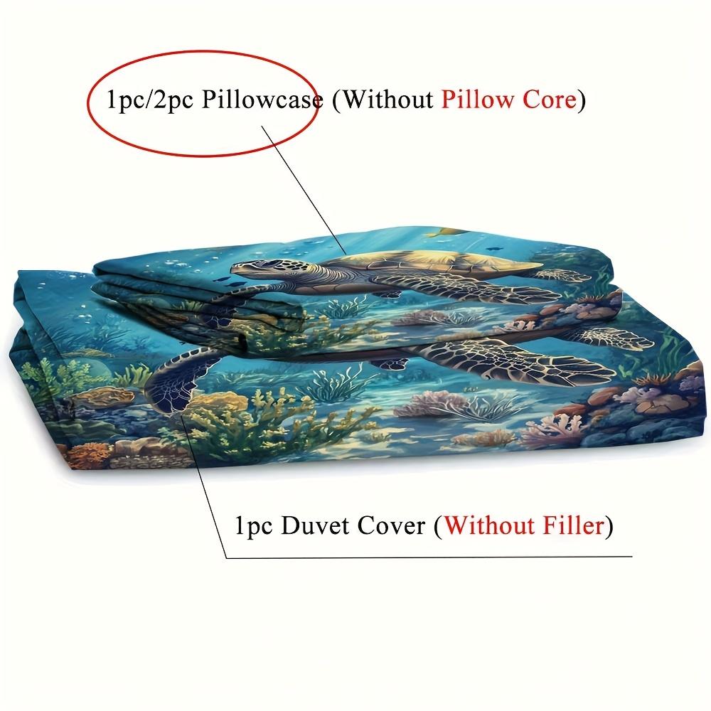 2/3pcs Blue Ocean Turtle Print Duvet Cover Set (1 Duvet Cover + 1/2 Pillowcase, Without Core), Underwater World Fish Coral