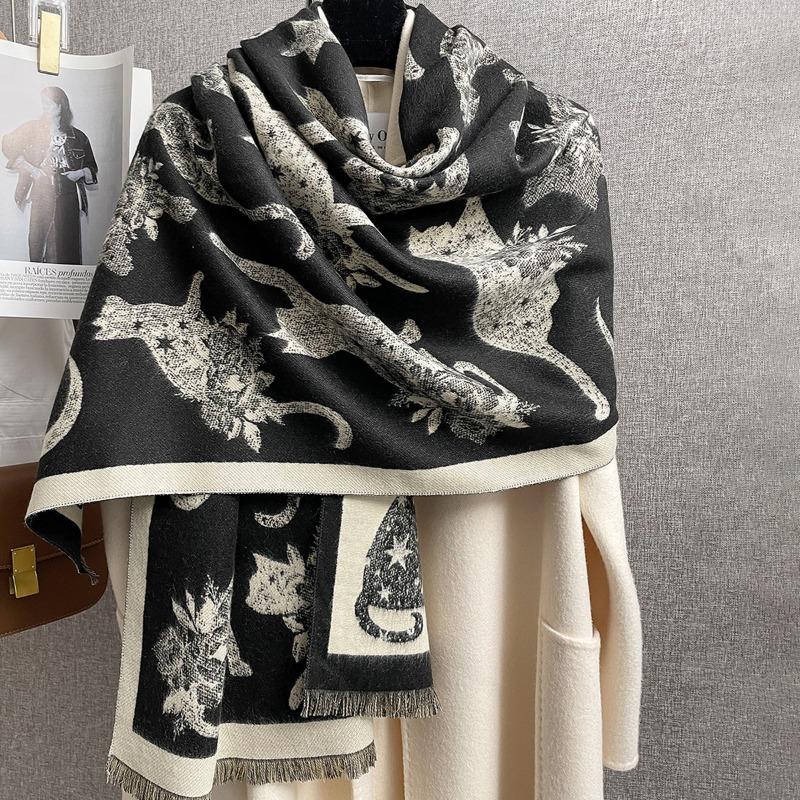 Women S Cat Silhouette Printed Double Sided Faux Cashmere Warm Scarf