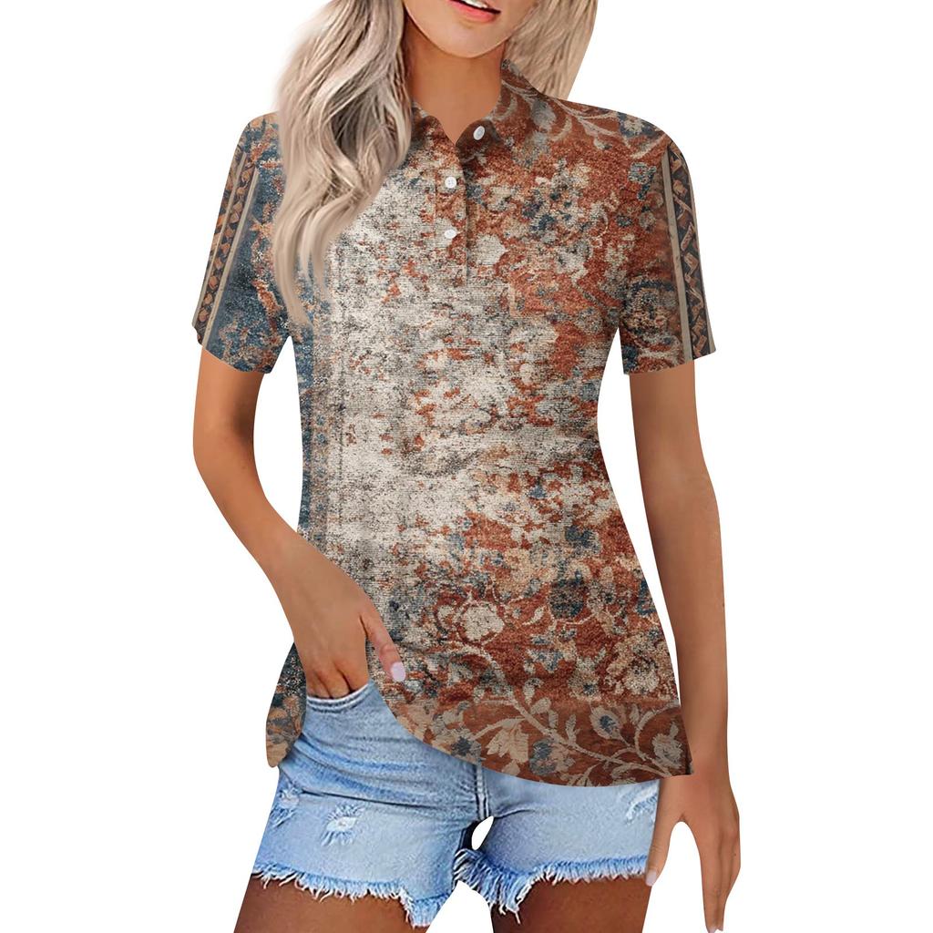 Dammode Casual Lapel Kortärmad Skjorta med Tryck Damtopp med Knappar