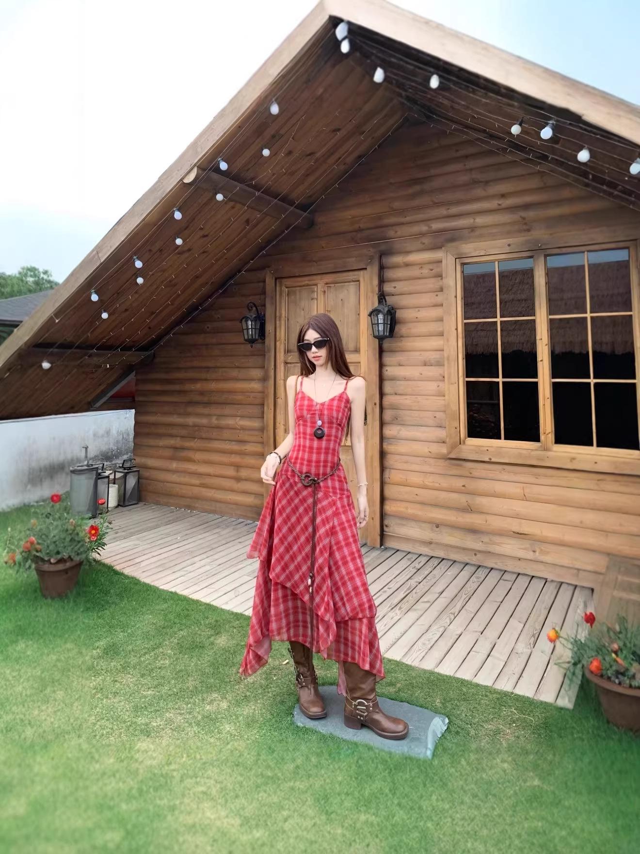 French Holiday Red Plaid Retro Slip Dress with Belt Small