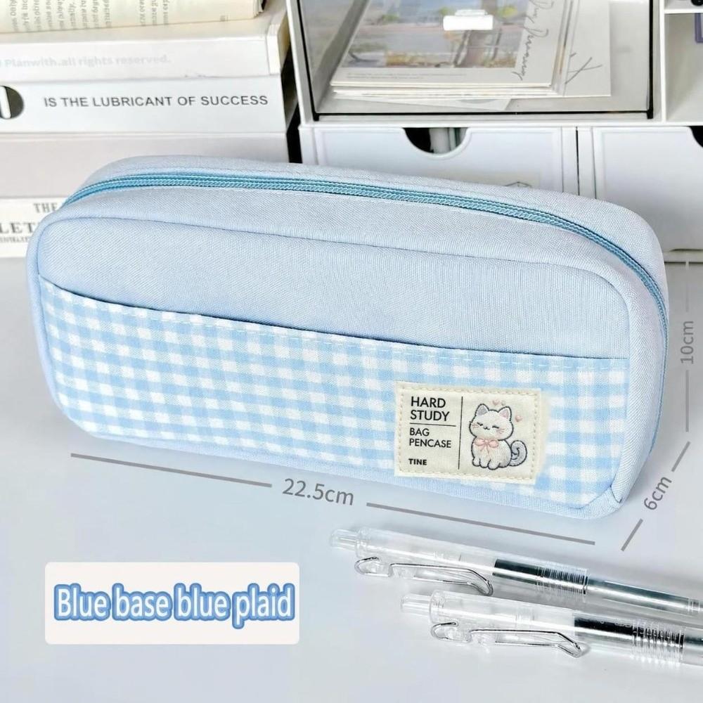 Pastel Color Pen Bag Gingham Check Pencil Pouch Portable Stationery Storage Bag  Back To School