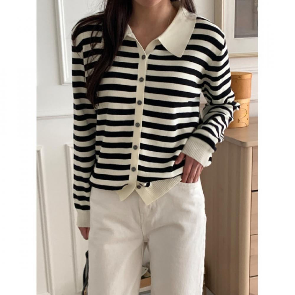 Shop   Women S Collared Button Striped lS Knit Cardigan Black 21dS Wcd260094
