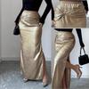 2025 Autumn and Winter New Metal Decorated Pleated Hip Covering Slit Design Slimming Skirt