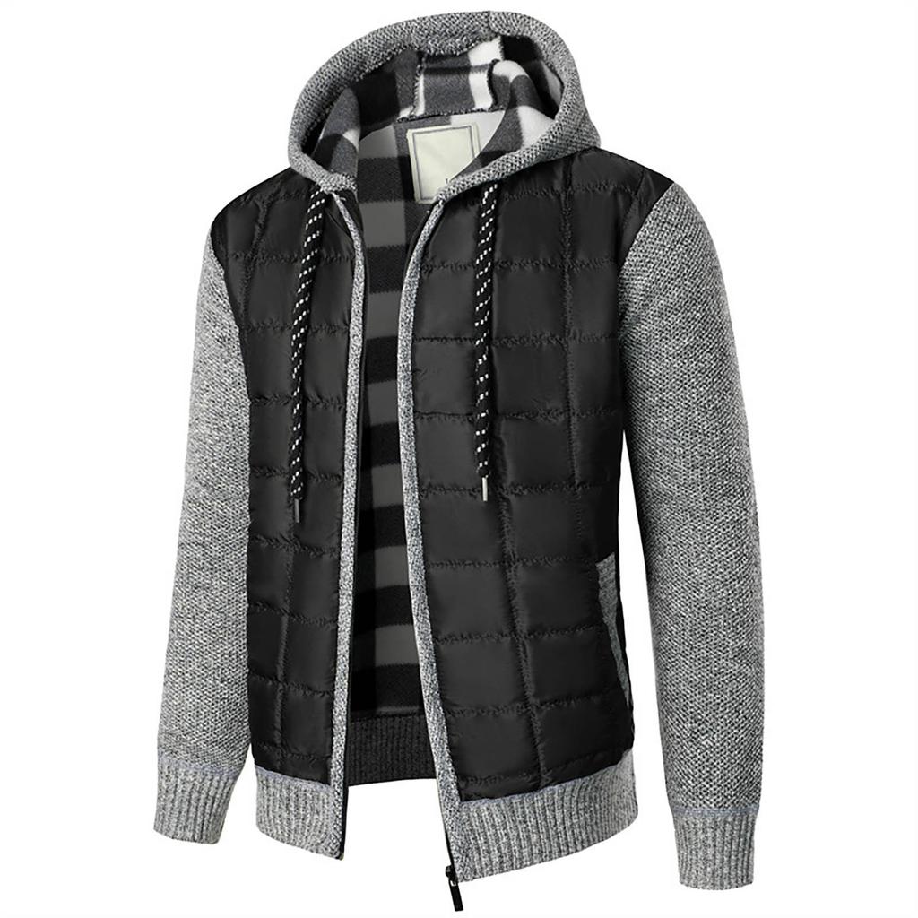 Men's Hooded Plush Plaid Knitting Drawstring Coat Sweater  Warm Solid Color Jackets Tops