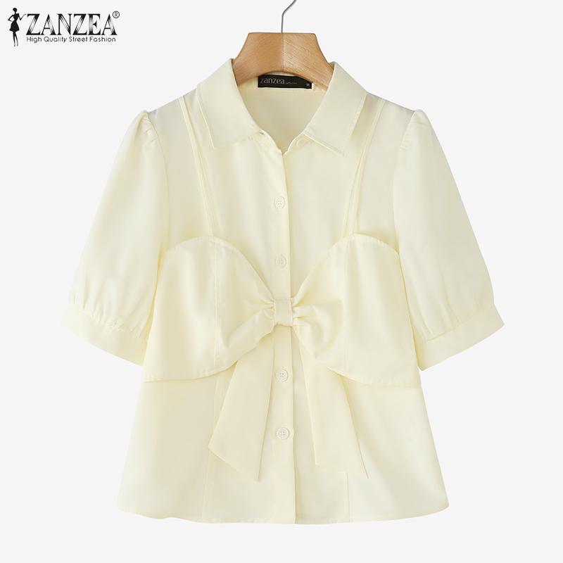 ZANZEA Women Turn Down Collar Summer Short Sleeve Blouse