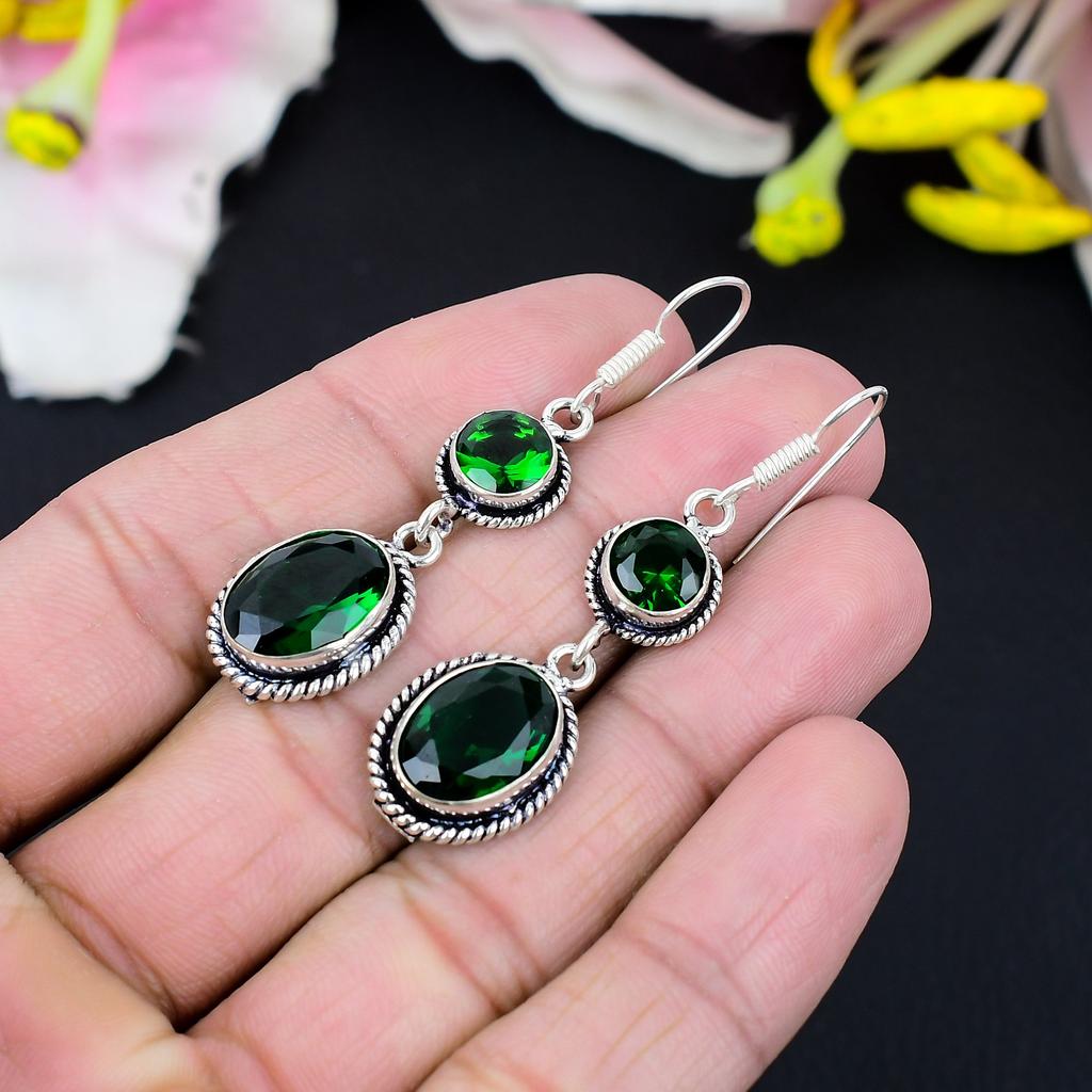 Chrome Diopside Gemstone Handmade 925 Sterling Silver Jewelry Earring 2.56" KG-431