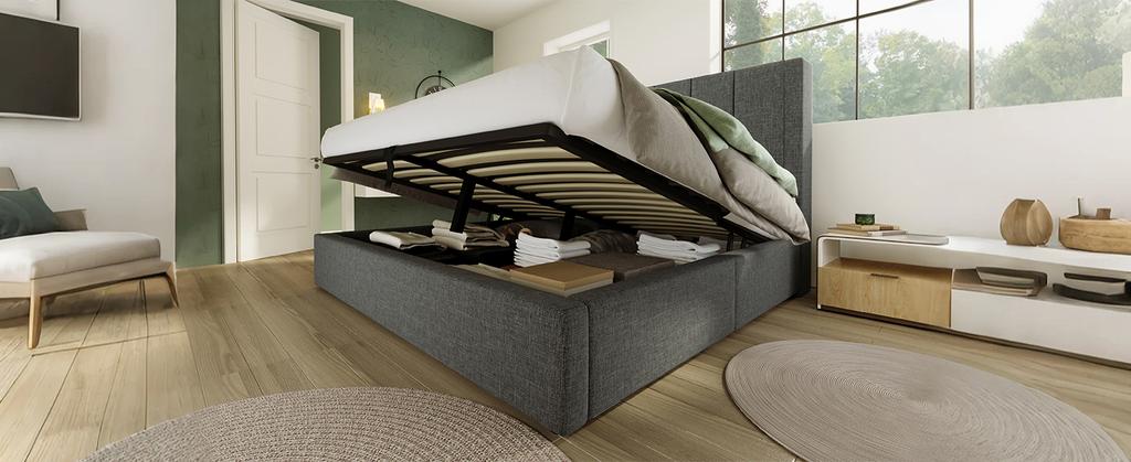 Upholstered Double Bed 140x190 Cm with Cup Holder & Charging Station, Hydraulic Storage Under Bed, Slatted Frame, Linen Grey (Without Mattress)