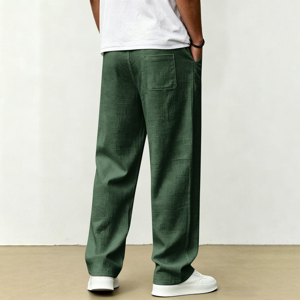 Men's Casual Loose Fit Linen Trousers Lightweight Breathable Straight Leg Pants Elastic Waist Drawstring Design