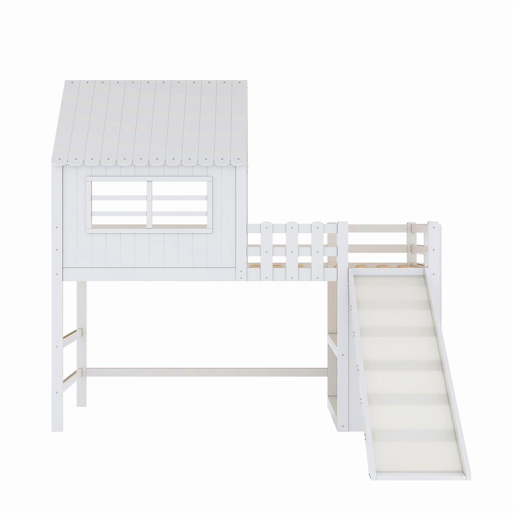 Children's Bed 90 X 200 Cm Attic Design with Safety Ladder and Safety Slide, Multi-Tier Storage Compartments Solid Wood Bed Single Bed Loft Bed White