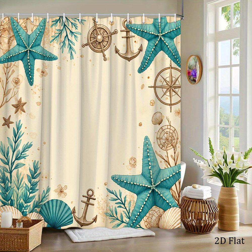 Nautical Shower Curtain Starfish Anchor Compass Print Beige Bath Curtain With 12 Hooks For Beach Bathroom Decor