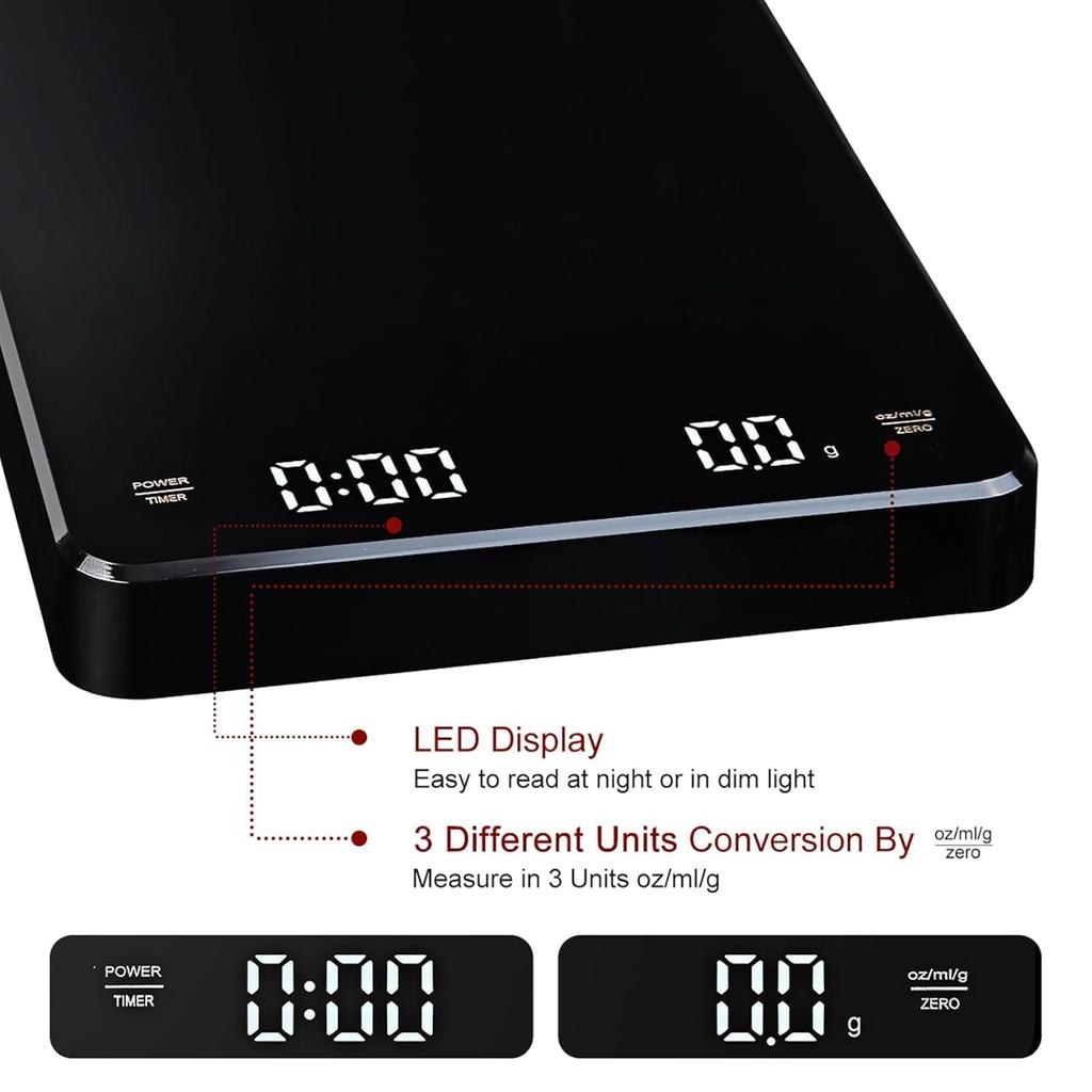 Digital Coffee Scale with Timer,Espresso Scale,Type-C Recharge Coffee Scale for Pour Over and Drip Coffee, 3kg/0.1g Espresso Scale with Tare