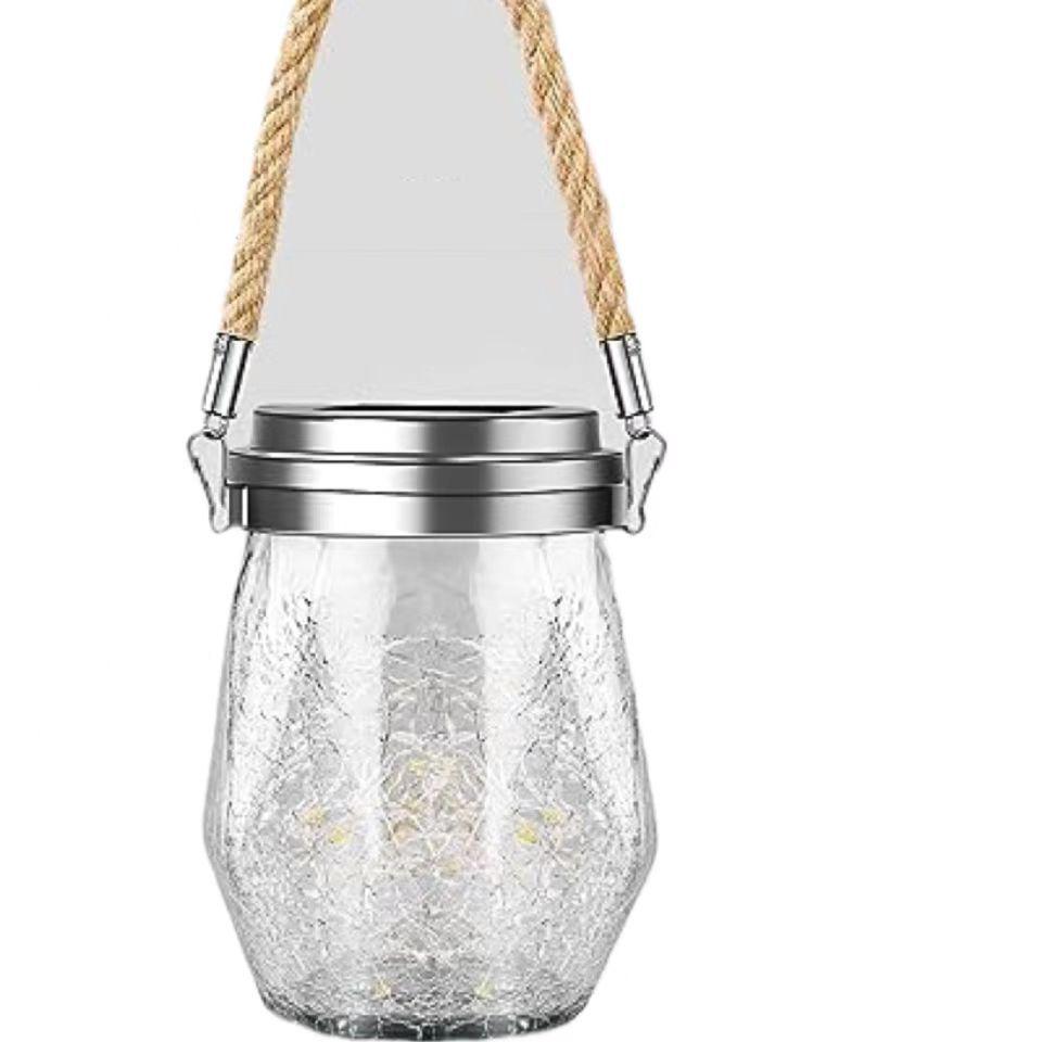 Solar Crackle Glass Mason Jar Hanging Light - Outdoor Garden Christmas Decoration