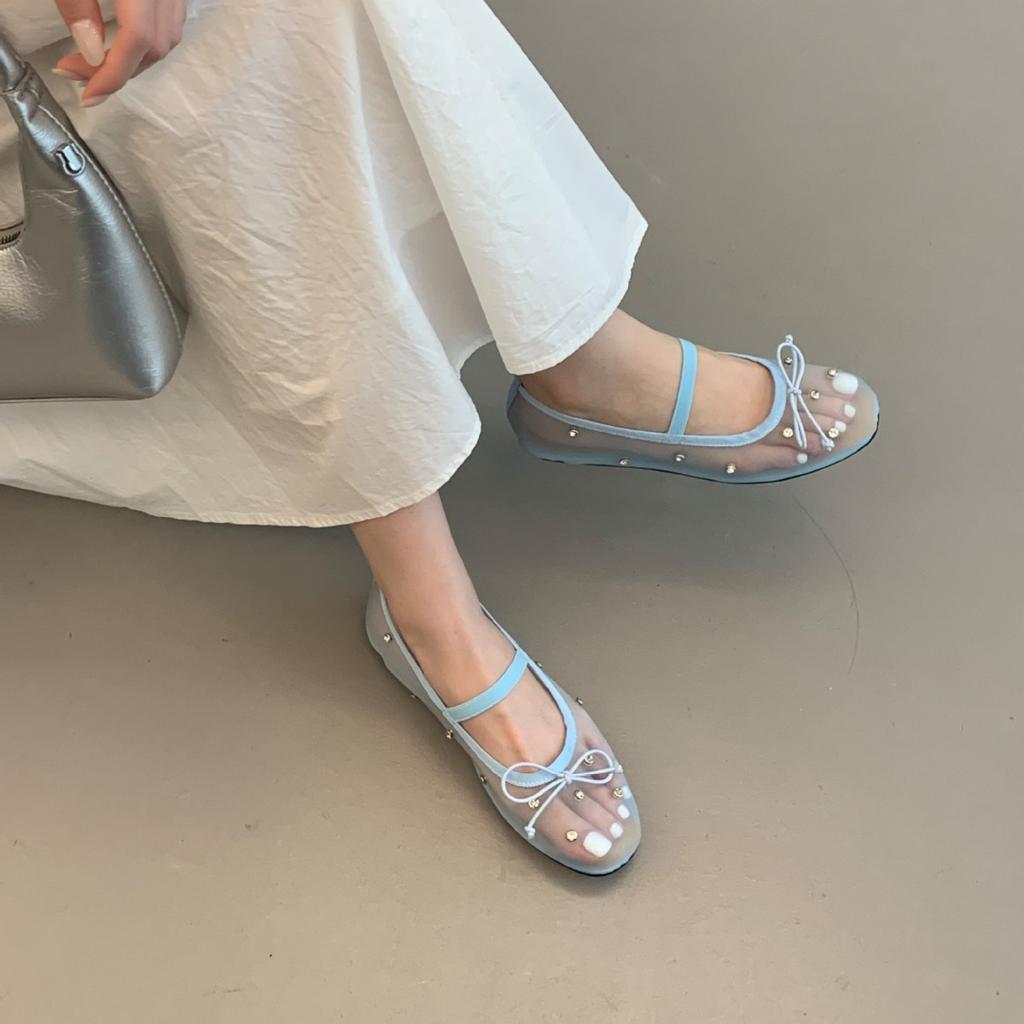 Fashion 2025 crystal rivets lace flats women round toe elastic band mary janes shoes bowtie air-mesh ballerina shoes woman mocasines