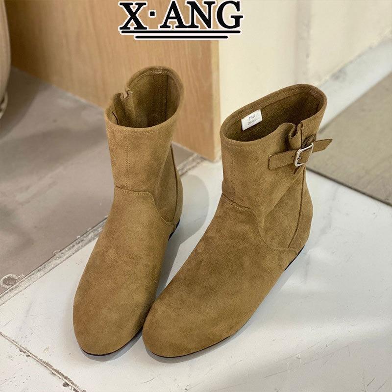 Sheepskin version inner height increase small short boots women's short boots autumn new Maillard brown pleated stacking boots