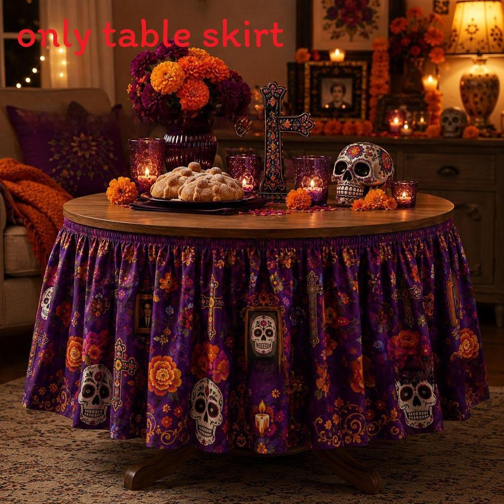 Dia De Los Muertos Table Skirt Mexican Skull Pattern Polyester Party Decor For Events