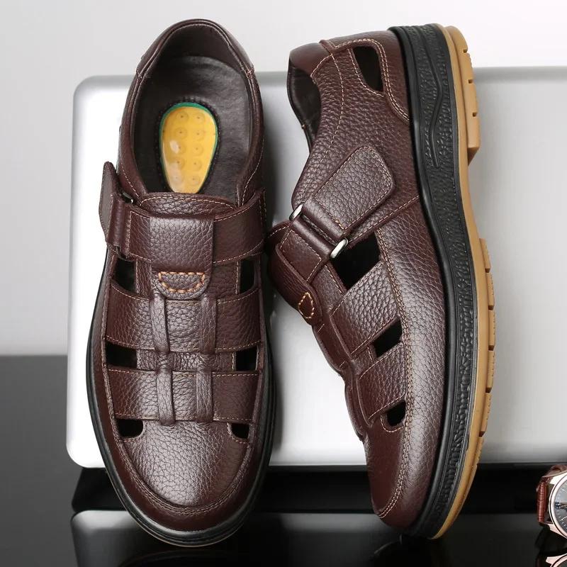 New Men's Soft Genuine Leather Hollow Hole Shoes Sandals Business Casual Shoes for Men Summer Breathable Comfortable Sandals