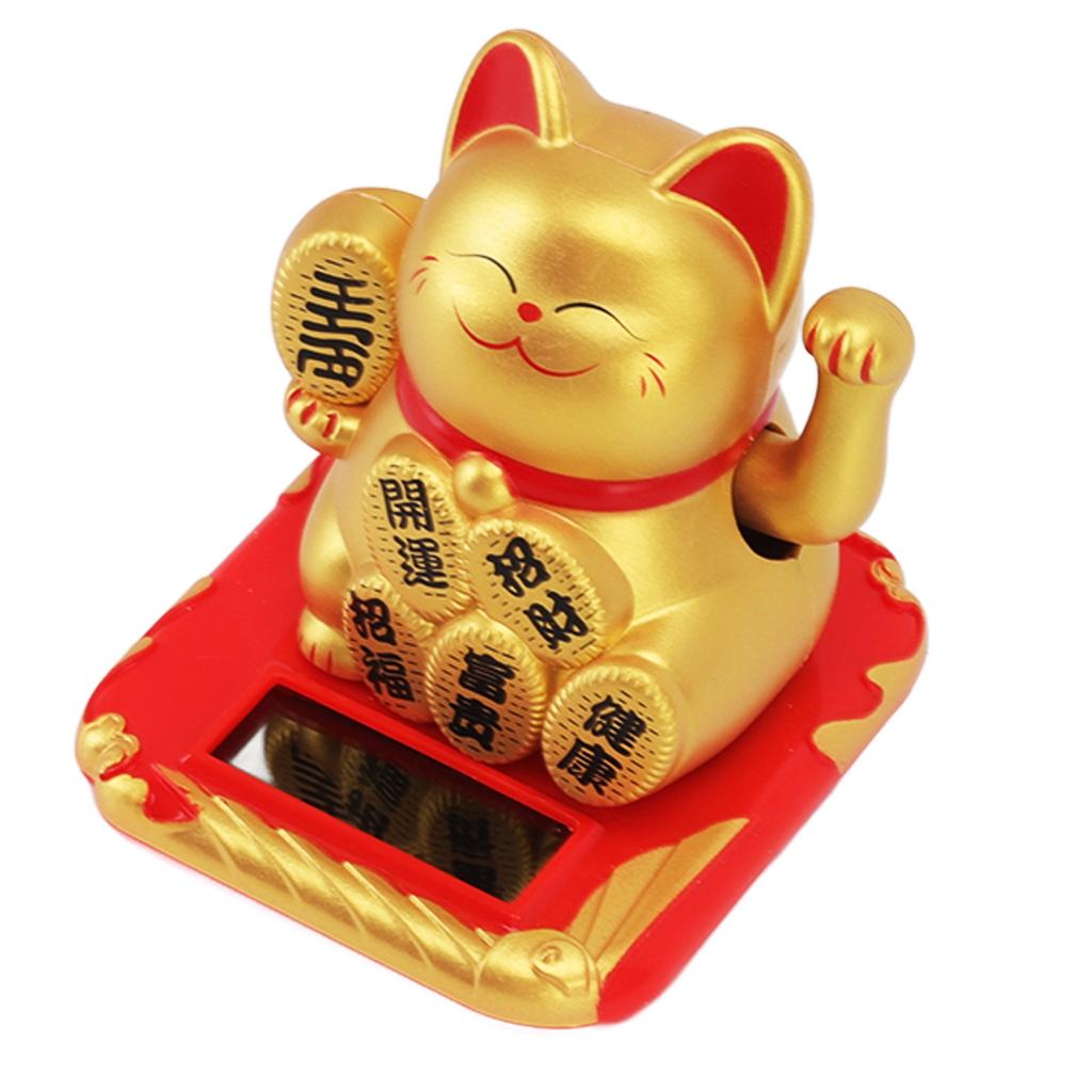 Solar Powered Waving Cat Wealth Welcoming Solar Cute Happy Lucky Cat Fortune Cat Statue Ornament for Home Car Decor