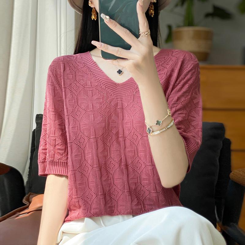 Women Knit T-shirt Summer Knitted Shirt Short Sleeve Tees V-neck Pullover Knit Tops Female