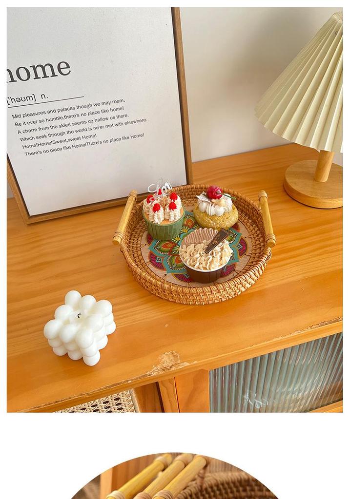 Nordische Handgefertigte Rattan Gewebte Florale Print Runde Griff Frühstückstablett
