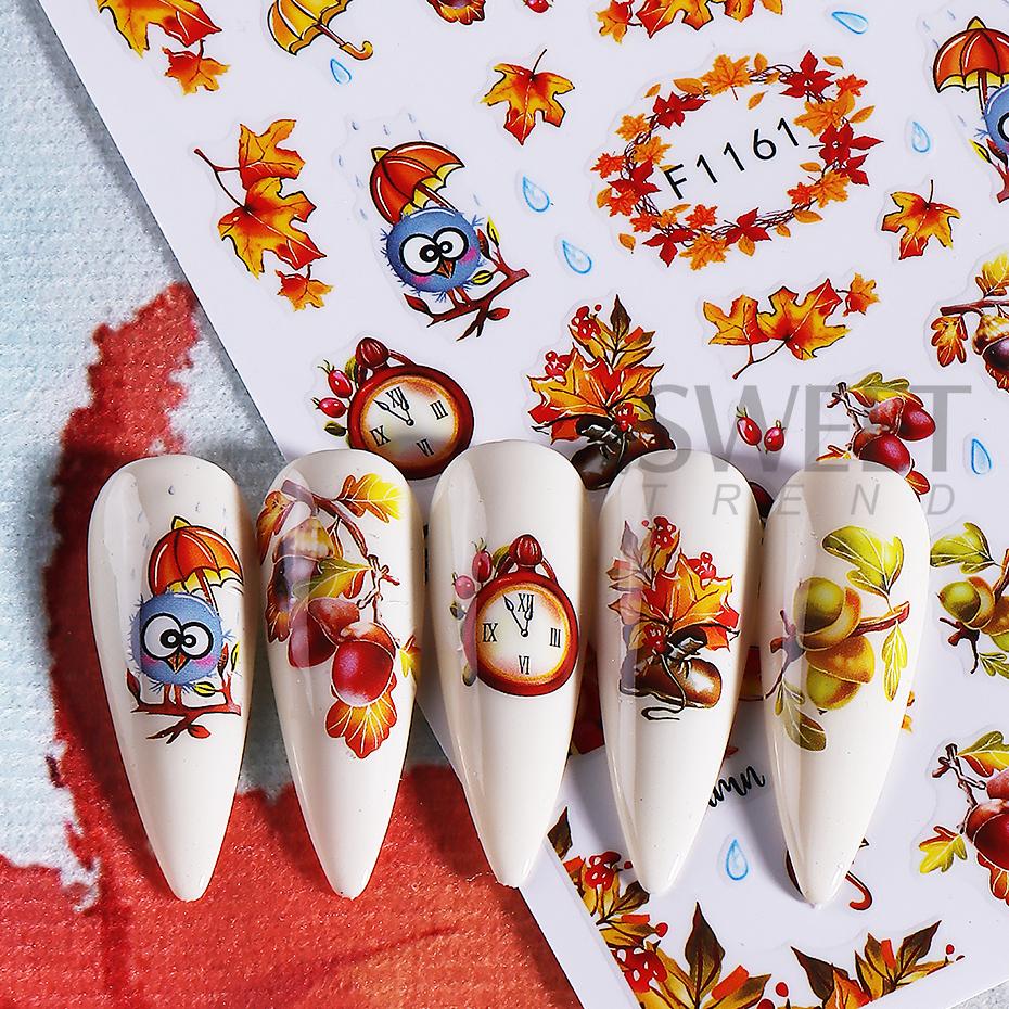 8pcs Autumn Winter Maple Leaf Nail Stickers Pumpkin Elk Mushroom Flower Self-Adhesive Nail Decal Thanksgiving DIY Manicure Decor
