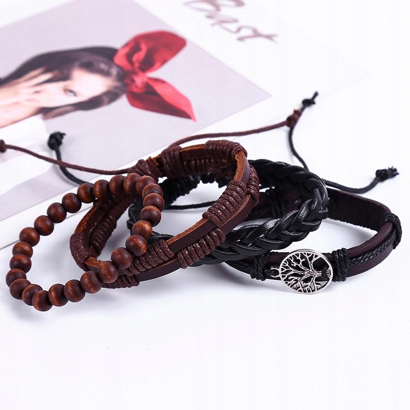 Herren Lederarmband, Öko-Leder Set, Set aus 4 Stück, Lebensbaum, Vintage