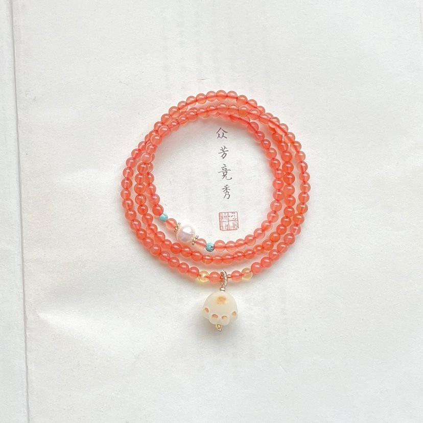 Natural Southern Red Agate Multi-loop Bracelet with White Jade, Bodi Seed, Carbon-baked Cat s Claw, Freshwater Pearls, and Turquoise Beads