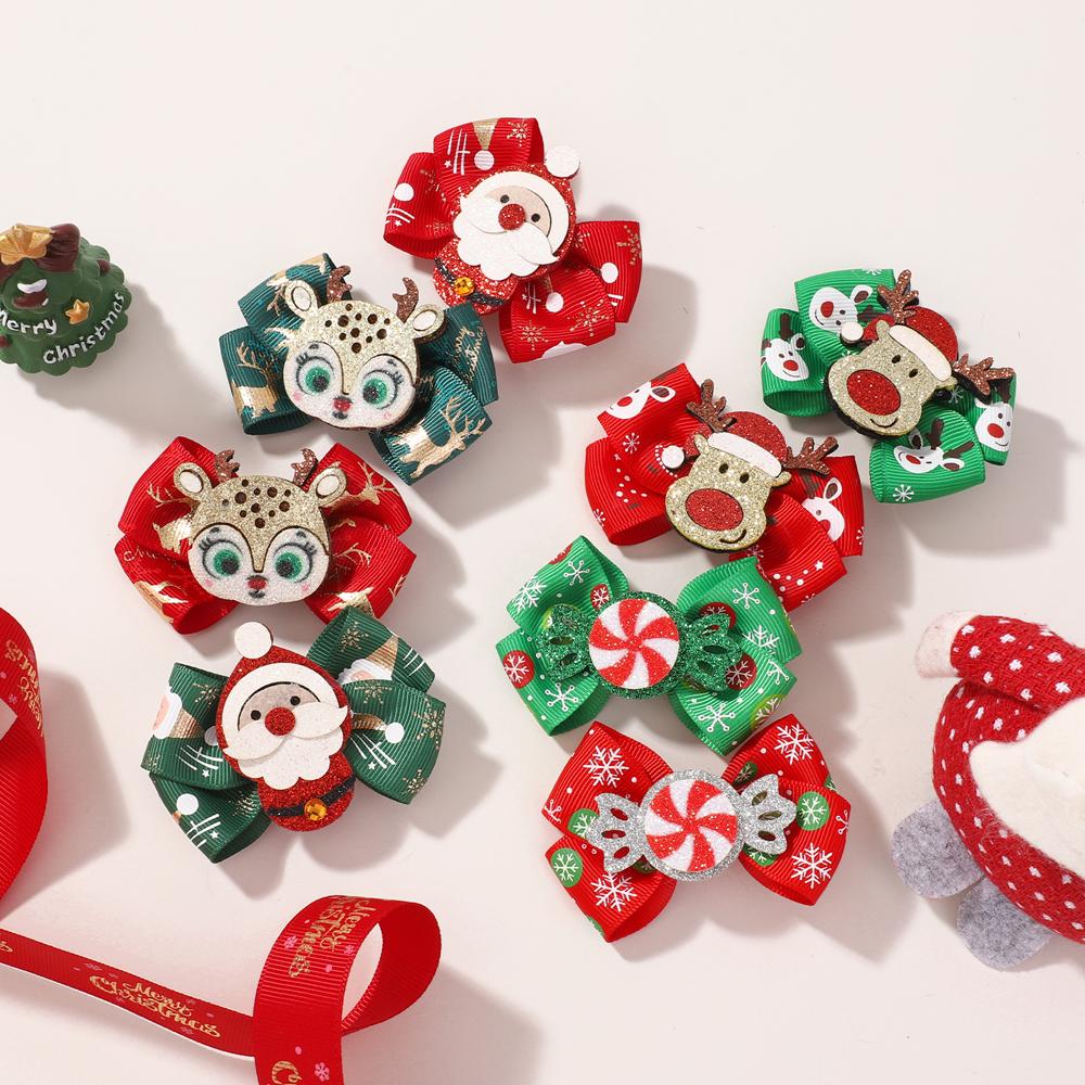 4pcs Christmas Hair Bow Clips for Baby Girls DIY Glitter X'mas Santa Elk Bowknot Hairpin Cute Kid Headwear Hair Accessories