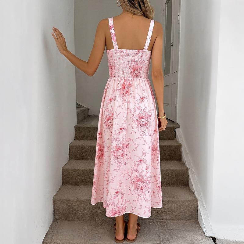Women's Fashion Summer Spring Flower Pattern Print Sleeveless Suspenders High Waist Casual Dresses