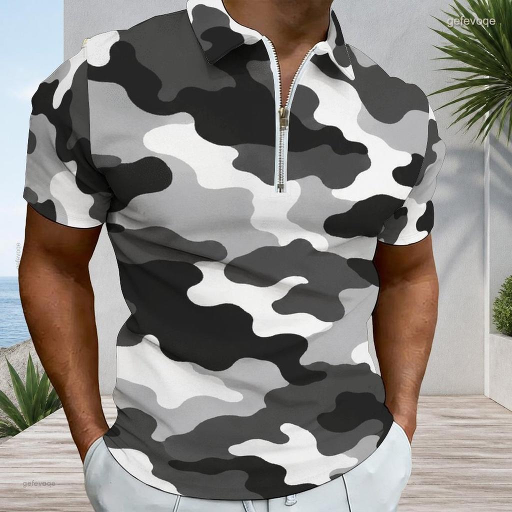 Men Plus Size Short Sleeve Quarter Zip Collared Blue Camouflage Printed Polo Shirt