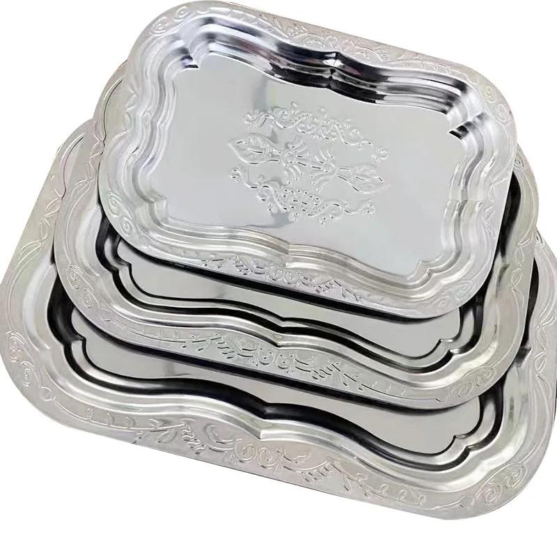 1PCS Stainless Steel Rectangular Tray with Embossed Design for Kitchen Living Room Storage Durable Fruit Snack Cake Serving Dish