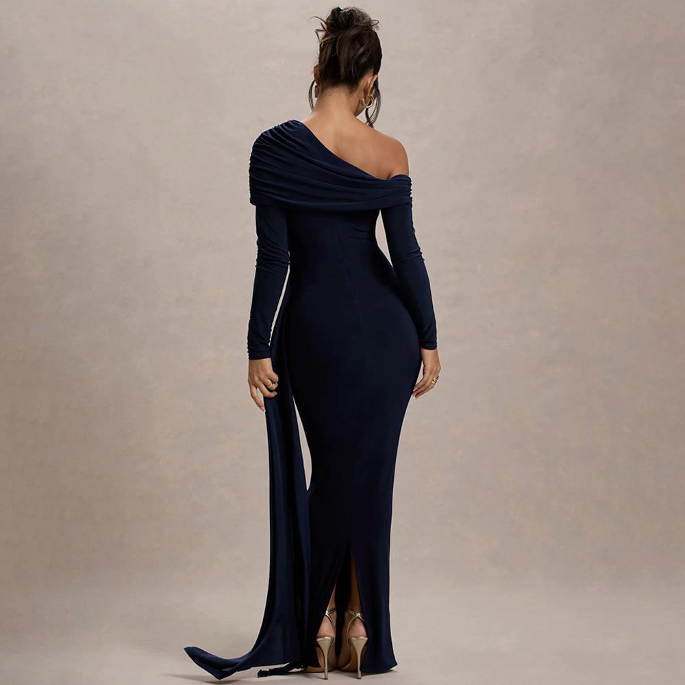 Women's One Shoulder Long Sleeve Maxi Dress Fitted High Waist Ruched Drape Sash Bodycon Evening Gown