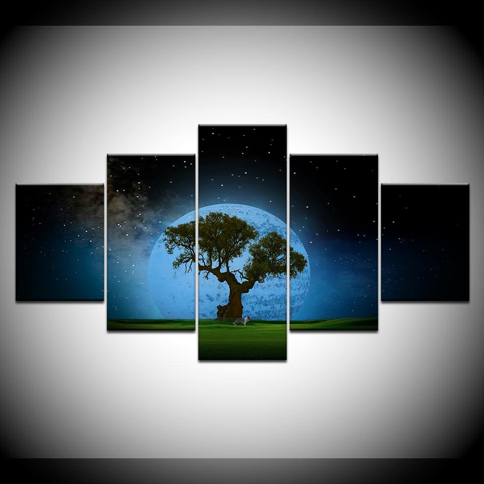 Canvas Painting Lucky Tree with Moon Star Sky Landscape 5 Pieces Wall Art Painting Modular Wallpapers Poster Print Home Decor