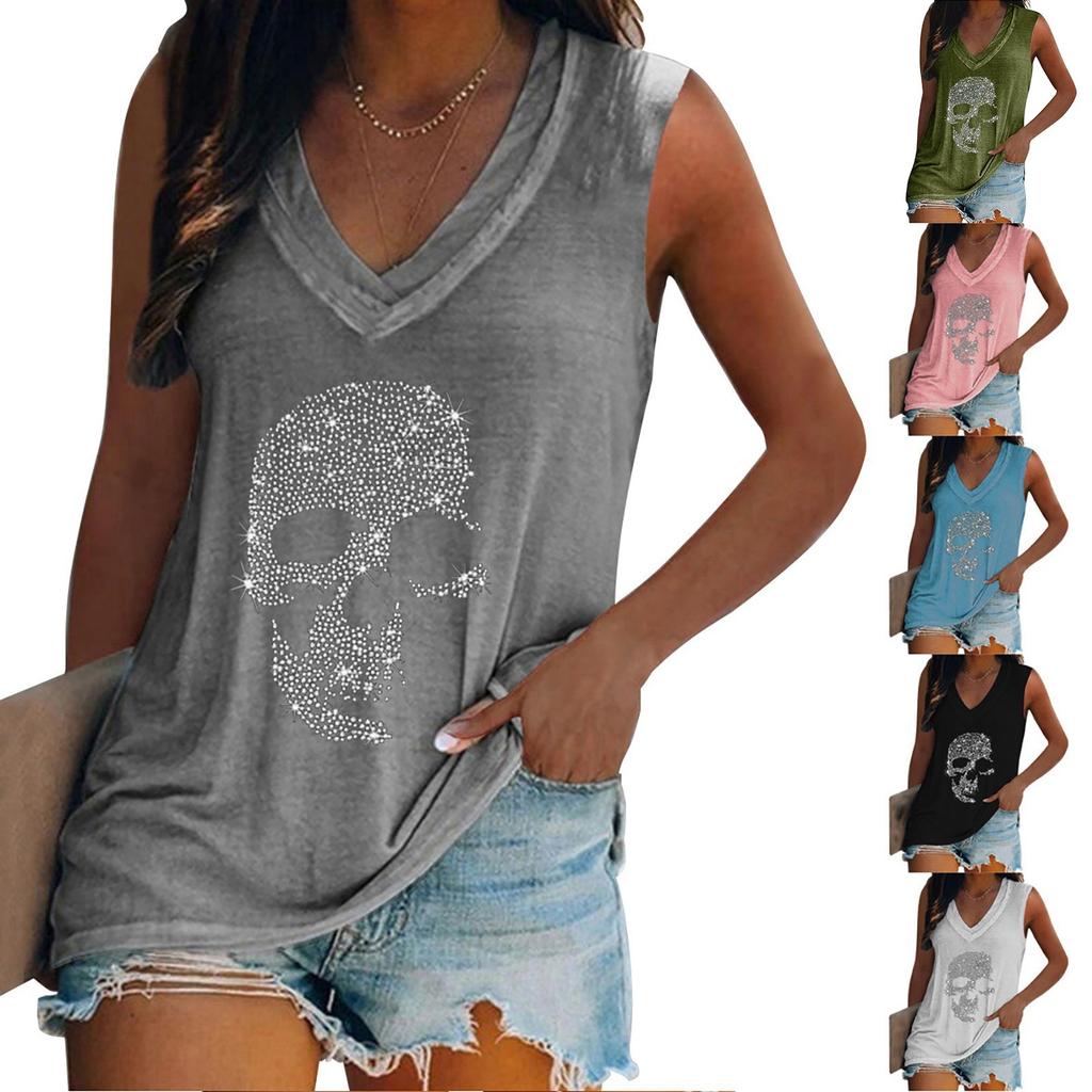 Damenmode V-Ausschnitt Pullover Ärmellos Lässiges T-Shirt Mit Bügel-Diamanten